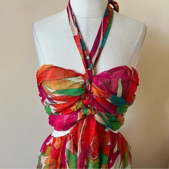 Ronny Kobo Floral Patterned Halter maxi Dress gown Pink Green 26129